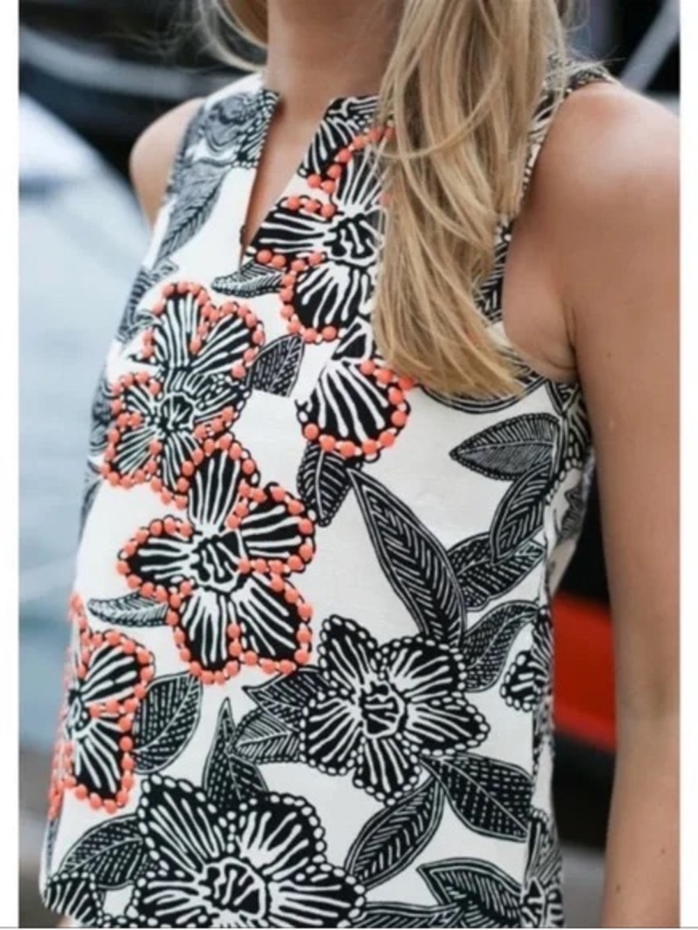 J. Crew Printed Top with Beaded Coral Accents